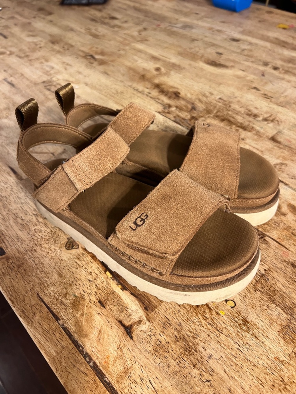 UGG women’s Tan Suede Platform Sandals with Adjustable Straps